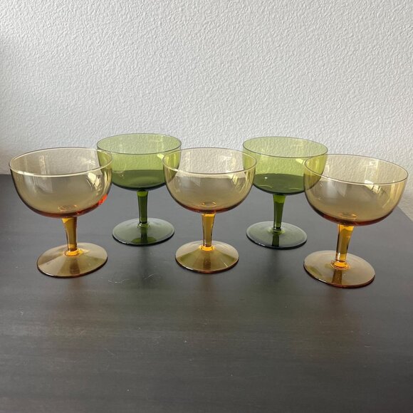 Vintage Coupe Cocktail Glasses // Set of 5 Green and Amber Glass - Picture 1 of 5